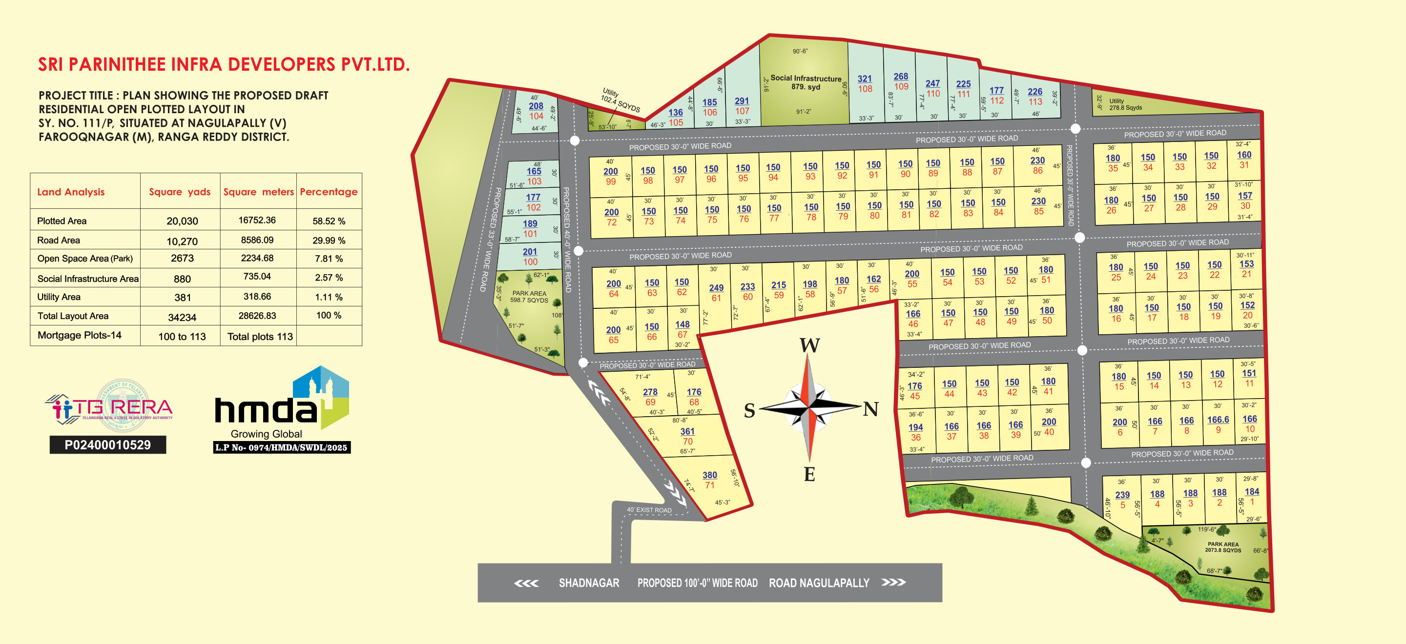 Approved layout plan — Sy No 111/P, Nagulapally (113 plots)